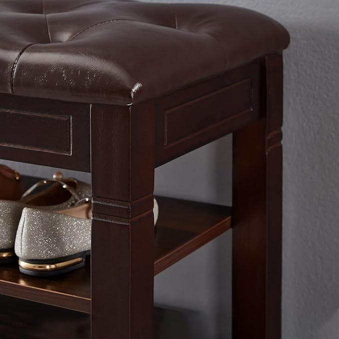 Shoe Storage Bench, Entryway Shoe Rack with Fiberleather Seat 2-Tier Lift Top Organizer Wooden Shoe Bench for Entryway Hallway Living Room (Dark Brown 39.4x13.8x18.9'')