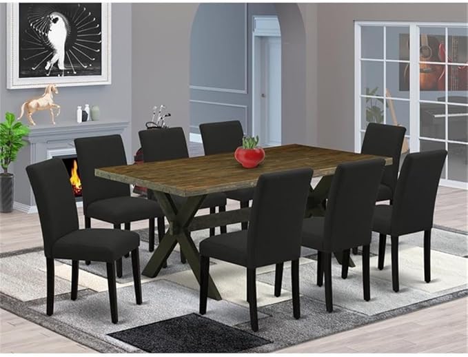 East West Furniture X677AB624-9 9 Piece Dining Table Set Includes a Rectangle Kitchen Table with X-Legs and 8 Black Color Linen Fabric Parson Dining Room Chairs, 40x72 Inch, Multi-Color