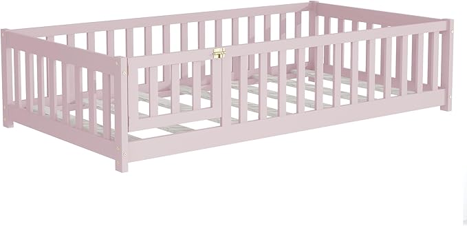 Twin Floor Bed Frame with Slats and Safety Guardrail, Wood Twin Size Montessori Floor Bed with Door and Fence, Easy Assemble Montessori Beds for Kids, Girls, Boys, Pink