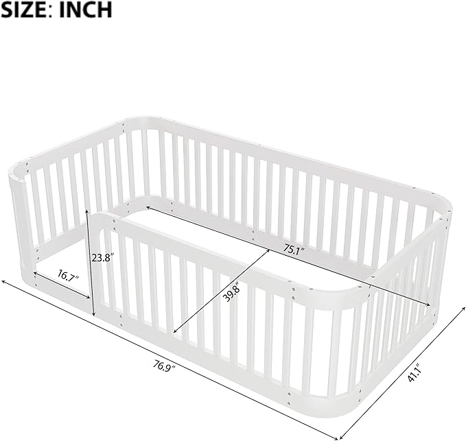 Bellemave Twin Floor Bed with High Fence and Rounded Corner Design, Wood Montessori Floor Bed with Guardrail and Entrance, Easy Assemble Montessori Bed Twin Size, White