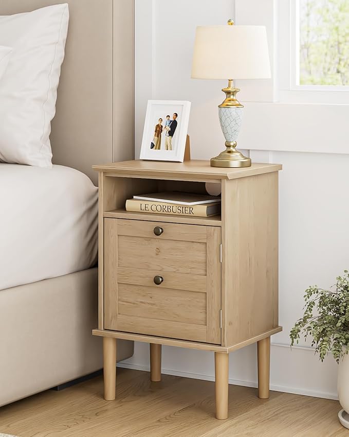 Nightstand, Boho Night Stand with 1 Drawer, Modern Side Accent Table with Open Shelf, Wooden Top Bedside End Table for Bedroom, Living Room, Natural