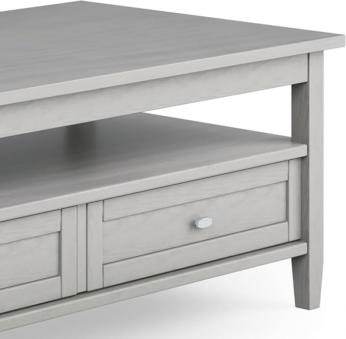 SIMPLIHOME Warm Shaker Coffee Table - 48 inch Wide Solid Wood Cocktail Table in Fog Grey, Transitional Living Room Table with 2 Storage Drawers and Open Shelf for Sitting Area or Lounge