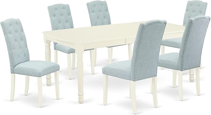 East West Furniture DOCE7-LWH-15 7 Piece Kitchen Table & Chairs Set Consist of a Rectangle Butterfly Leaf Dining Table and 6 Baby Blue Linen Fabric Parson Chairs, 42x78 Inch, Linen White