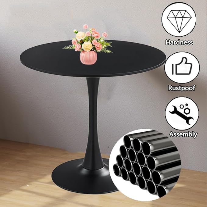 31.2" Tulip Dining Table, Black, Perfect for 2-4 People, Mid-Century Modern Style, Round MDF Top with Sturdy Base for Dining Room, Living Room, Cafe