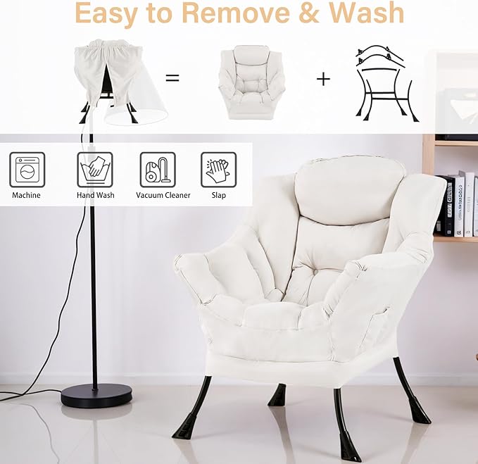 Lazy Chair for Living Room, Modern Accent Chairs with Armrests, Comfy Lounge Chair with Side Pocket, Cozy Lazy Sofa for Reading, Balcony, Bedroom, Dorm, Small Spaces (Beige)