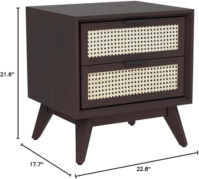Bme Jasper Deluxe Solid Wood Rattan Nightstand Fully Assembled-Mid Century Modern Side Table with 2 Drawers-Multipurpose use for Living Room, Bedroom-Walnut