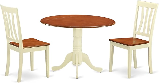 East West Furniture DLAN3-BMK-W 3 Piece Dinette Set for Small Spaces Contains a Round Dining Table with Dropleaf and 2 Kitchen Dining Chairs, 42x42 Inch, Buttermilk & Cherry