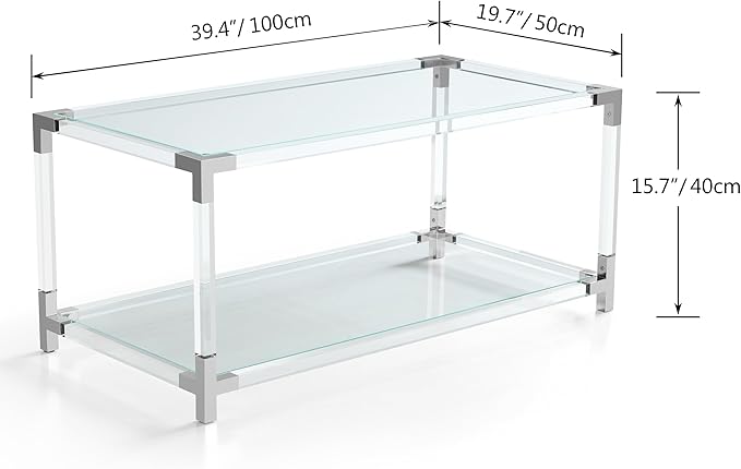 Saint Mossi 202302CR Glass Coffee Table, Double Layer Glass Coffee Table for Living Space, L41 x W21 x H16, Clear Glass Top, Clear Acrylic Leg & Chrome Frame