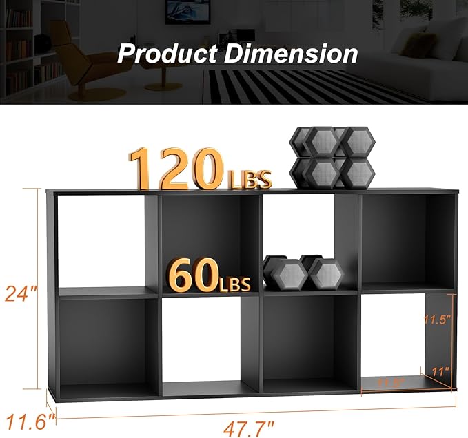 Sweetcrispy 8 Cube Storage Organizer - Open Cube Bookshelf with 4 Removable Back Panels, Display Storage Bookcase for Living Room, Bedroom, Entrance Hall, Home Office，47.7"L×11.6" W×24"H, Drak Black