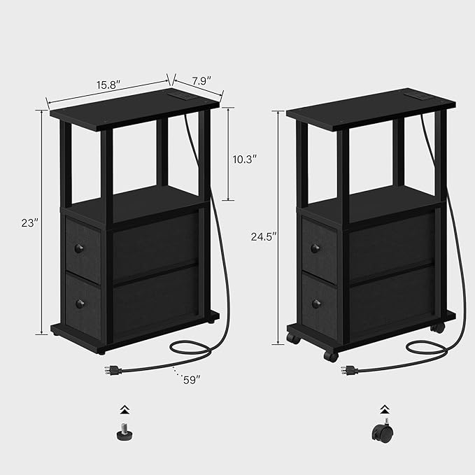 TUTOTAK Small Narrow End Tables, LED Side Tables with 2 Fabric Drawers, Set of 2, Bedside Tables with Charging Station for Small Spaces, Slim Nightstands with USB Ports and Wheels, TB01BK053L