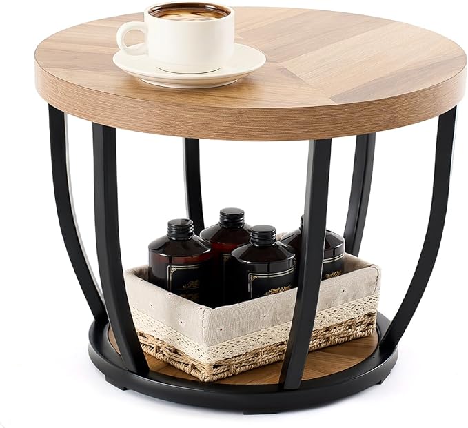 Round Coffee Table, 2-Tier Circle Wood Coffee Table with Storage Shelves, Modern Industrial Wooden Accent Center Sofa Side for Living Room, Home Office(19.7'' Dia X 17.7" H)