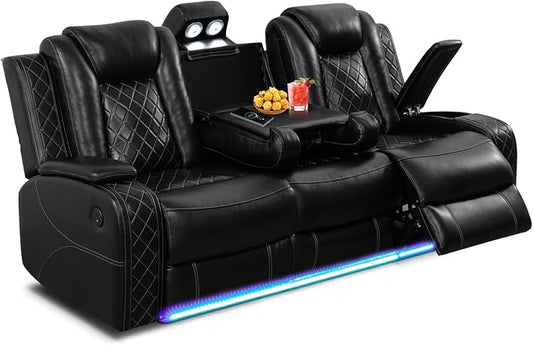PU Leather Power Wall Hugger Chair Double Reclining Sectional Sofa 3-Seater Loveseat Couch with Reversible Coffee Table, Wireless Chargers, USB Port and Ambient LED Light for Living Room RV Theater