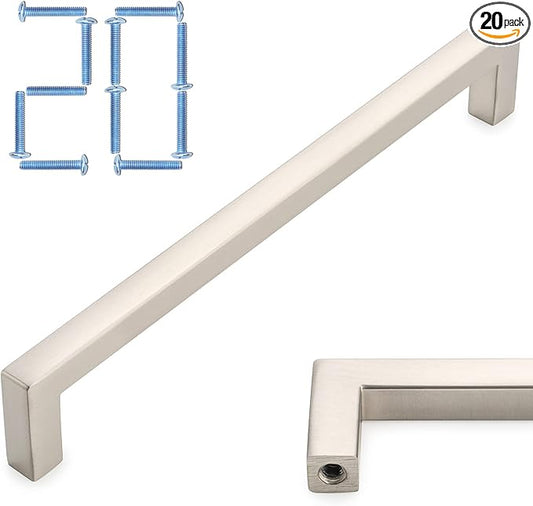 KOOFIZO 20-Pack Solid Square Bar Cabinet Handle - Brushed Nickel Furniture Pull, 6.3 Inch/160mm Screwhole Distance for Kitchen Cupboard Door, Bedroom Dresser Drawer, Bathroom Wardrobe Hardware