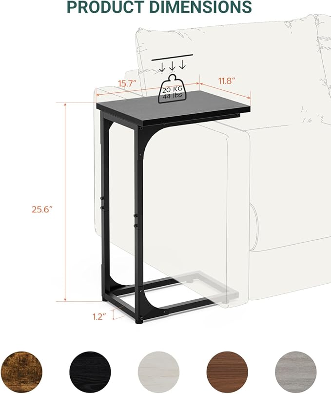 C-Shaped Side Table for Couch - Small Coffee Stand Sofa Tray Desk with Metal Frame and Waterproof Scratch Resistant, Modern End Accent for Living Room, Bedroom, Small Spaces, Black