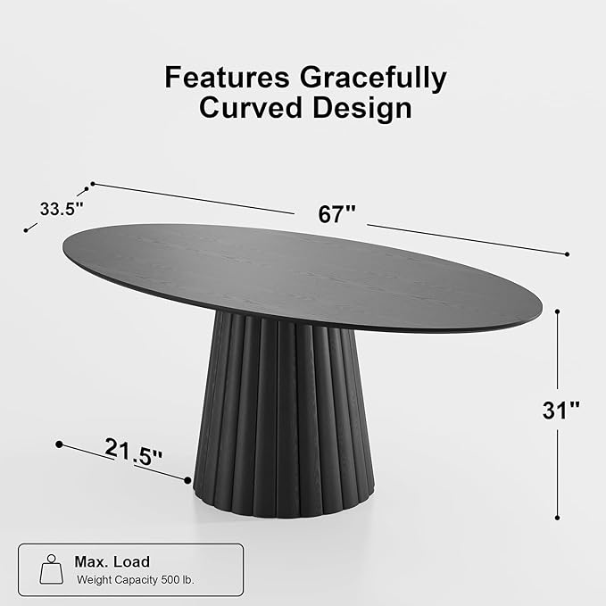 Casaphoria 67" Oval Dining Table, Modern Wood Kitchen Table with Cone Shaped Strip Convex Base for Living Room & Dining Room, Easy Assembly Farmhouse Furniture for 4-6, Black