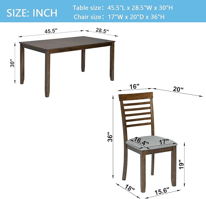 KEIKI 5-Piece Standard Height Dining Table Set with Rectangular Table and 4 Upholstered Ladder Backrset Chair, for 4 Person, Modern Wooden Table Set, Easy Assembly, for Kitchen, Dining Room, Walnut