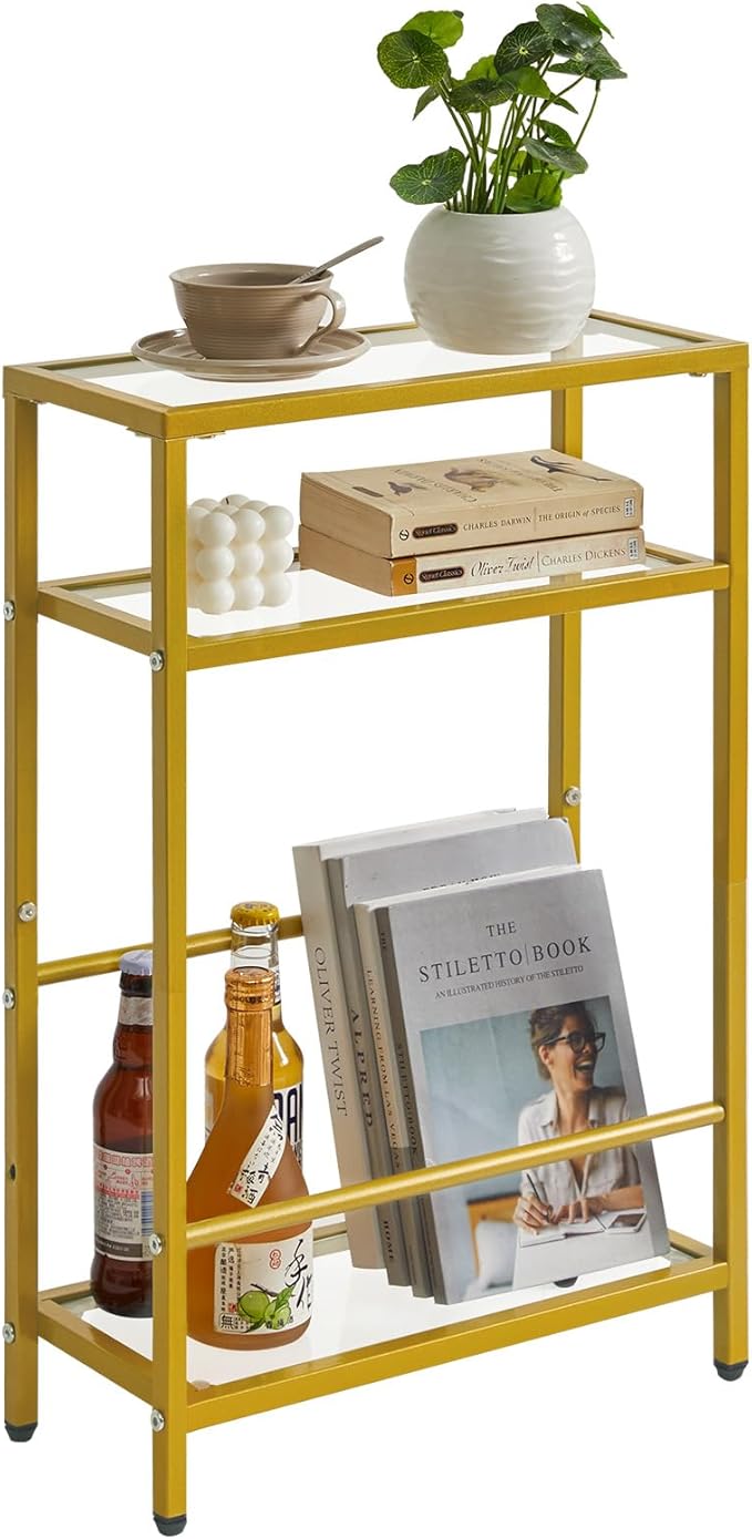 IBUYKE Glass End Table for Small Space, Narrow Side Tables with Storage Shelf, Bedside Table Slim Nightstand with Magazine Holder, for Living Room Home Office, Clear Gold UTMZ002G