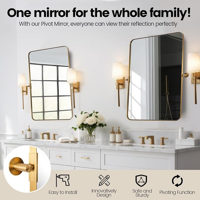 MOON MIRROR Brushed Gold Pivot Mirror,Brass Tilt Rectangle Pivot for Bathroom, Overall 28.33 x 32 in (Mirror 24x 32 in)