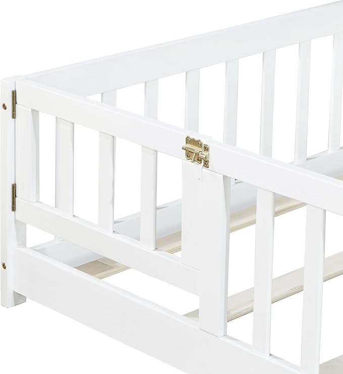 Twin Floor Bed Frame with Slats and Safety Guardrail, Wood Twin Size Montessori Floor Bed with Door and Fence, Easy Assemble Montessori Beds for Kids, Girls, Boys, White