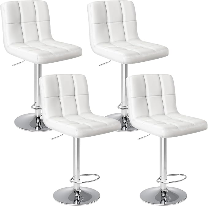 DUMOS Bar Stools Set of 4, 24 inch Counter Height Bar Stools, Upholstered Modern Kitchen Barstools with Metal Base, PU Leather Saddle Stools for Kitchen Island, White