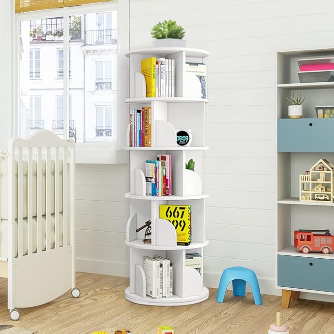 Nisorpa 5 Tier Rotating Bookshelf, 360° Revolving Bookcase Rotating Stackable Shelves Floor-Standing Storage Display Rack Used in Bedrooms Living Rooms Study Office (63"x18"x18")