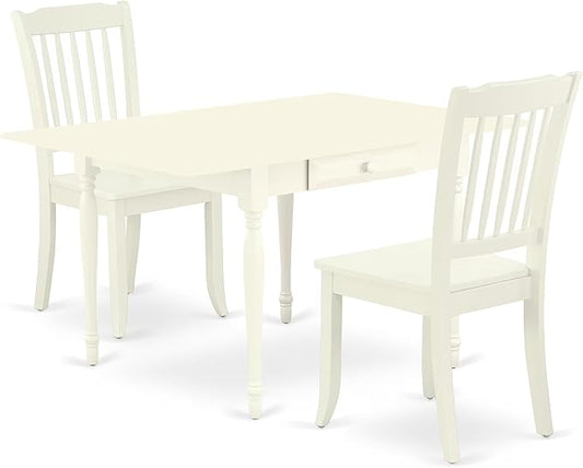 East West Furniture MZDA3-LWH-W 3 Piece Dining Room Furniture Set Contains a Rectangle Kitchen Table with Dropleaf and 2 Dining Chairs, 36x54 Inch, Linen White