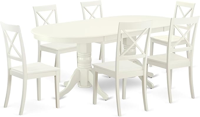 East West Furniture VABO7-LWH-W 7 Piece Dining Set Consist of an Oval Dining Room Table with Butterfly Leaf and 6 Wood Seat Chairs, 40x76 Inch, Linen White