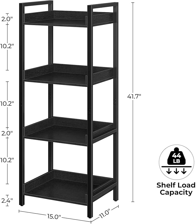 Rolanstar Bookshelf, 4-Tier Storage Rack, Narrow Corner Bookshelf, Display Wooden Shelves for Living Room, Bathroom, Balcony, Kitchen,Black