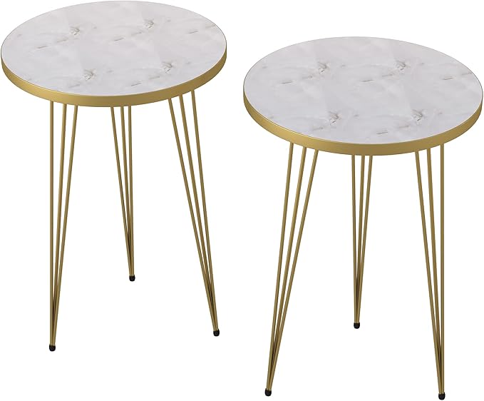 PAK HOME - Set of 2 End Table - High Gloss White Marble Look with Gold Metal Legs Round Wood Sofa Side Coffee Tables for Small Spaces, Nightstand Bedside Table for Bedroom, Living Room