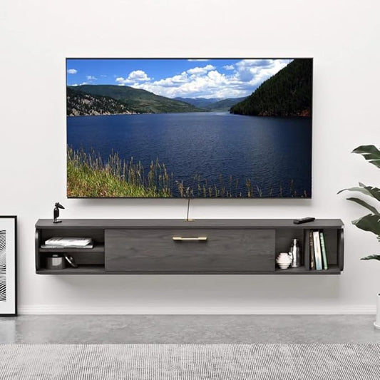 Floating TV Unit, 67'' Wall Mounted TV Cabinet, Floating Shelves with 4 Cabinets, Wooden Entertainment Media Console Center Large Storage TV Bench for Living Room & Office (67IN, Dark Grey)