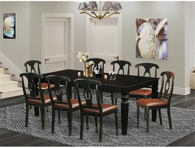 East West Furniture LGKE9-BLK-LC 9 Piece Dining Room Set Includes a Rectangle Kitchen Table with Butterfly Leaf and 8 Faux Leather Upholstered Dining Chairs, 42x84 Inch, Black
