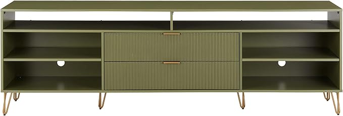 Manhattan Comfort Dumbo Mid Century Modern TV Stand for Televisions up to 80 Inches, Home Entertainment Center with Storage, 6 Shelves, 2 Drawers, No Tool Assembly, 85" Wide, Olive Green