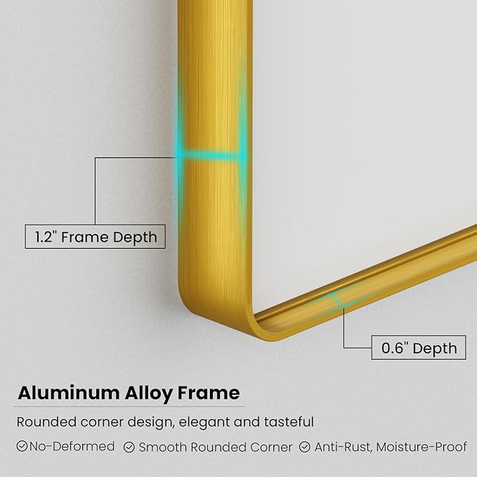 Gold Bathroom Mirror, 36x36 Inch Brushed Gold Metal Frame Mirror for Wall, Rounded Rectangle Bathroom Vanity Mirror, Tempered Glass, Anti-Rust, Horizontal/Vertical