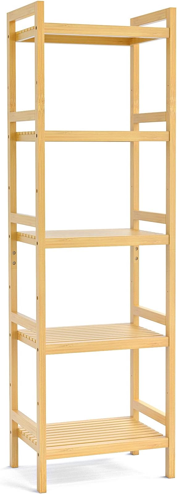 Homykic Bamboo Bookshelf, 5-Tier Narrow 55.9” Adjustable Book Shelf Bookcase Bathroom Shelves Freestanding Storage Stand for Living Room, Bedroom, Kitchen, Rust Resistance, Easy Assembly, Natural