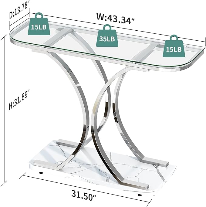 O&K FURNITURE Silver Glass Console Tables for Entryway,Glass Entryway Table with Curved Frames and Marble Base, Modern Entrance Table Sofa Table for Living Room,Hallway,Silver Glass&White Marble