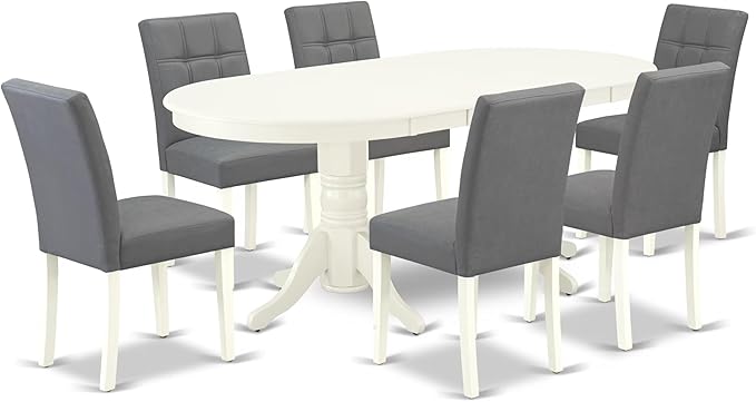 East West Furniture VAAS7-LWH-41 7 Piece Modern Dining Table Set contain A Dinner Table and 6 Platinum Gray Polyester Fabric Wooden Chairs with Stylish Back- Linen White Finish
