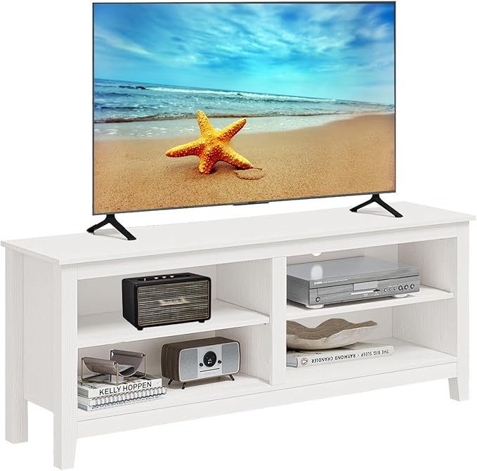 Modern TV Stand for 65 inch TV, White Wood TV Cabinet with 4 Open Storage Shelves, Fits 50-65 Inch TVs, 55 Inches W x 15 Inches D x 22.8 Inches H