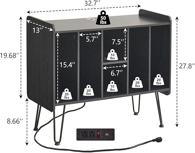 Large Record Player Stand with Vinyl Storage, Black Record Player Table with Power and USB Port, Holds Up to 200 Albums, Turntable Stand with Record Storage, Vinyl Record Player Storage Cabinet