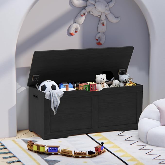 39.4" Storage Chest, Wooden Storage Bench, Lift Top Toy Chest with 2 Safety Hinges, Large Toy Box, Entryway Bench for Living Room, Bedroom, Black