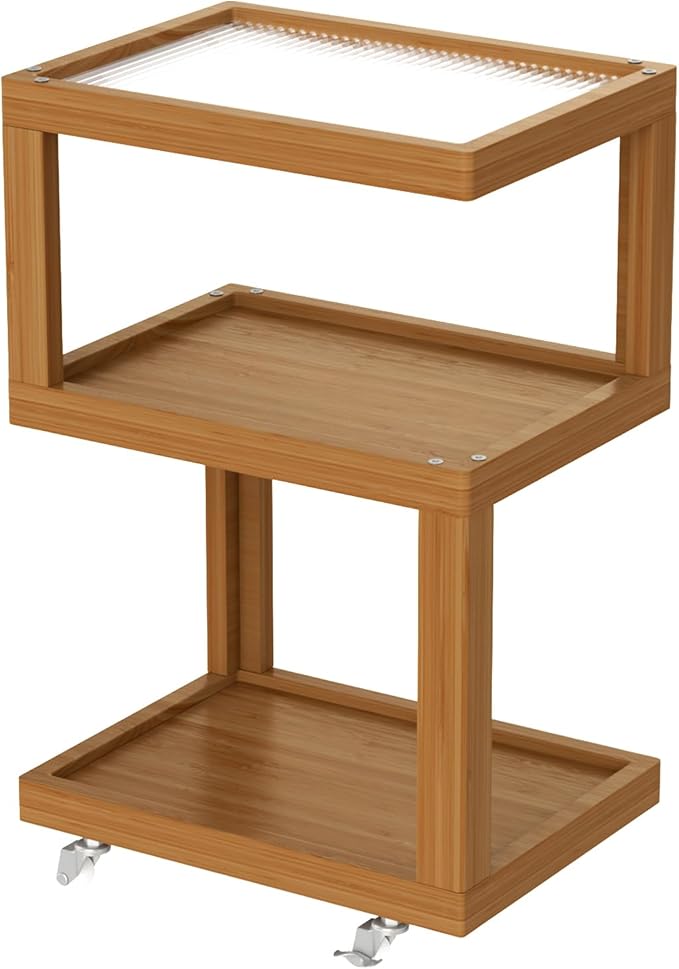 3-Tier Side Table - Walnut Geometric Design with Glass Top & Wheels, Sofa & Bedside Table for Small Spaces, Living Room & Bedroom Modern Minimalist