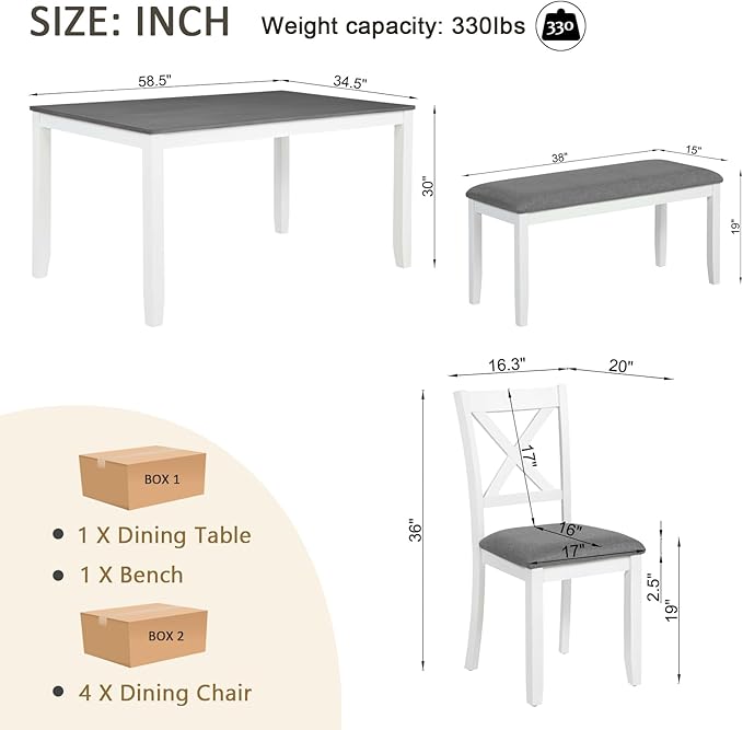 soges 6-Piece Kitchen Dining Table Set with Bench, Wood Dining Table Set for 6, Modern 6-Person Table Set for Dining Room, Kitchen, Grey & White