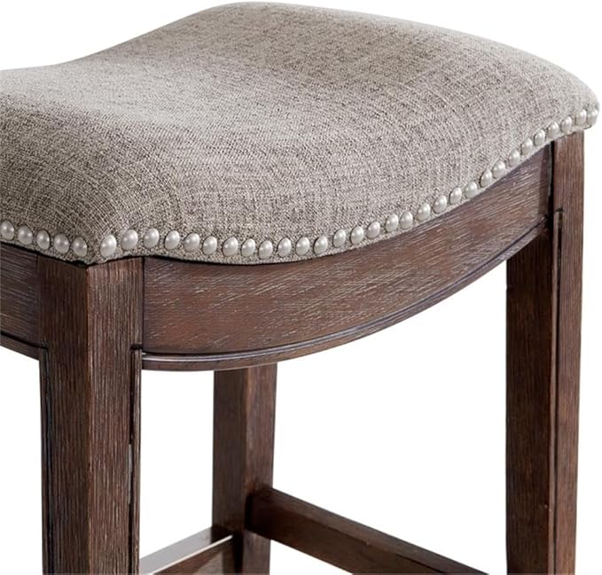 Alaterre Furniture Williston Bar Height Stool, Set of 2, Dark Brown, Solid Rubberwood Frame, Wire Brush Finish, Gray Accents, Linen-Like Fabric Upholstery, Dimensions 21 in. W x 14 in. D x 31 in. H