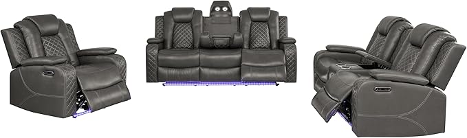 Ball & Cast Power Recliner Sofa Set Leather Reclining Sofa Set Living Room Furniture Set 3PCS Recliner Couch Loveseat & Chair Sets with Wireless Charging,Bluetooth Speaker,Cup Holders for Home Theater