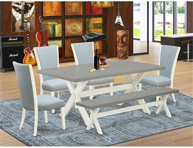 East West Furniture X097VE215-6 6 Piece Kitchen Table Set Contains a Rectangle Dining Table with X-Legs and 4 Baby Blue Linen Fabric Parson Chairs with a Bench, 40x72 Inch, Multi-Color