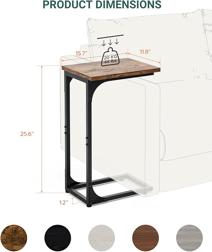 C-Shaped Side Table for Couch - Small Coffee Stand Sofa Tray Desk with Metal Frame and Waterproof Scratch Resistant, Modern End Accent for Living Room, Bedroom, Set of 2, Rustic Brown