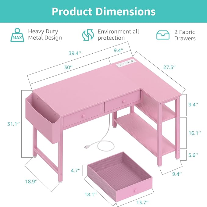 DLisiting Pink Reversible L Shaped Desk with Drawers and Shelves, Small Kids Study Vanity PC Computer Desk with Storage for Girls, Corner L-Shaped Desks for Small Space Bedroom
