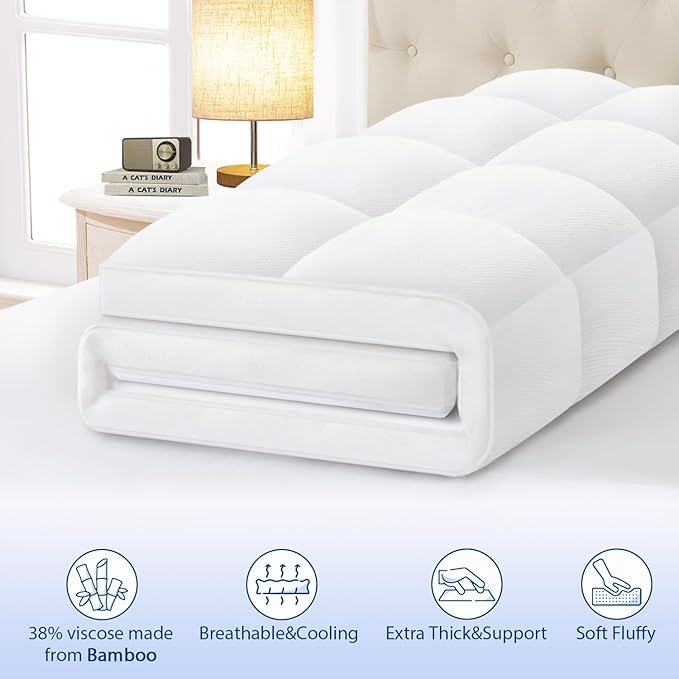 ELEMUSE Full Cooling Bamboo Viscose Mattress Topper for Back Pain, Extra Thick Mattress Pad Cover, Plush Soft Pillowtop with Elastic Deep Pocket, Overfilled Down Alternative Filling