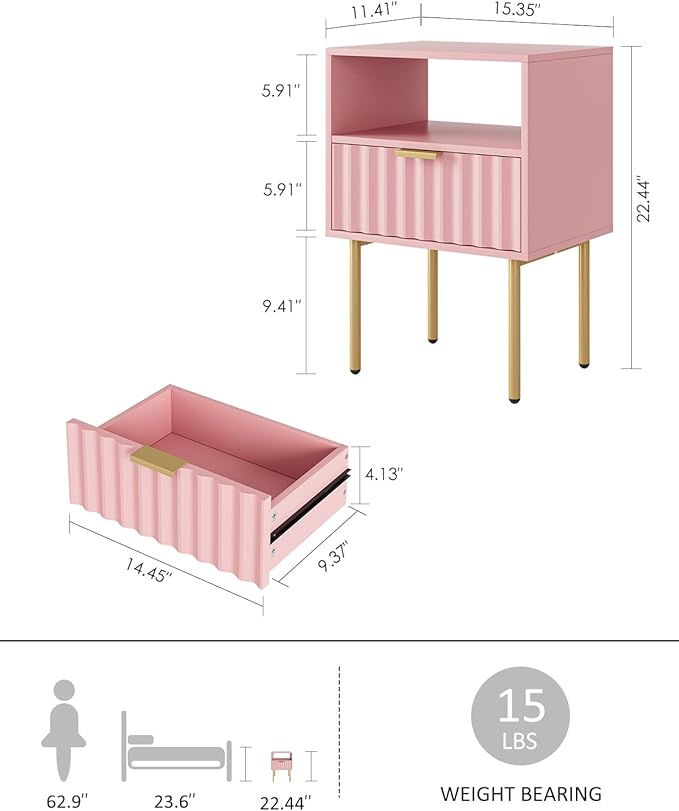 Nightstand,Modern Bedside Table with Gold Frame,Pink Night Stand,Bedside Furniture, Modern Side Table with Drawer and Shelf for Bedroom,Living Room (Pink)