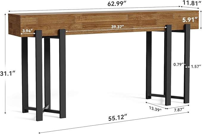 LITTLE TREE 63-Inch Console Table for Entryway, Farmhouse Behind Couch Table, Minimalist Sofa Table for Living Room, Long Wooden Hallway Foyer Table with Black Metal Frame, Oak