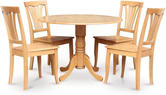 East West Furniture DLAV5-OAK-W 5 Piece Dining Room Furniture Set Includes a Round Kitchen Table with Dropleaf and 4 Dining Chairs, 42x42 Inch, Oak